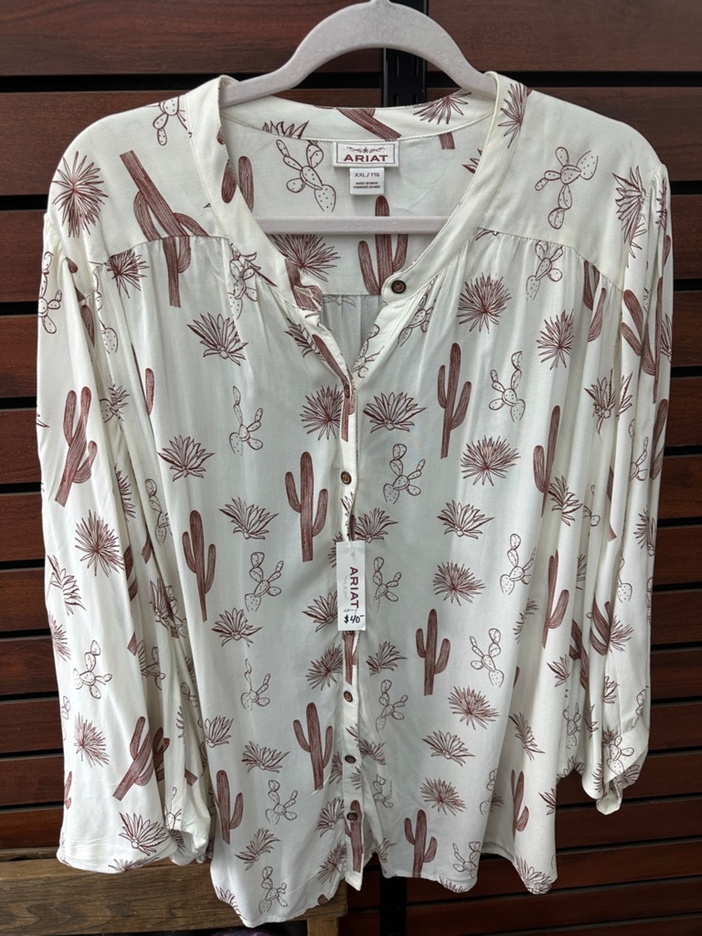 Ariat Cream Button-Up Blouse with Brown Cactus Print
